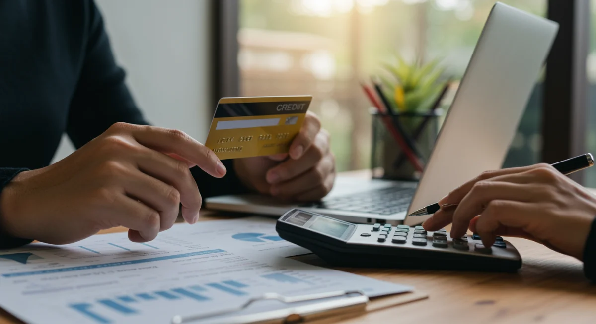 Mão segurando cartão de crédito e outra usando calculadora para planejar gastos.