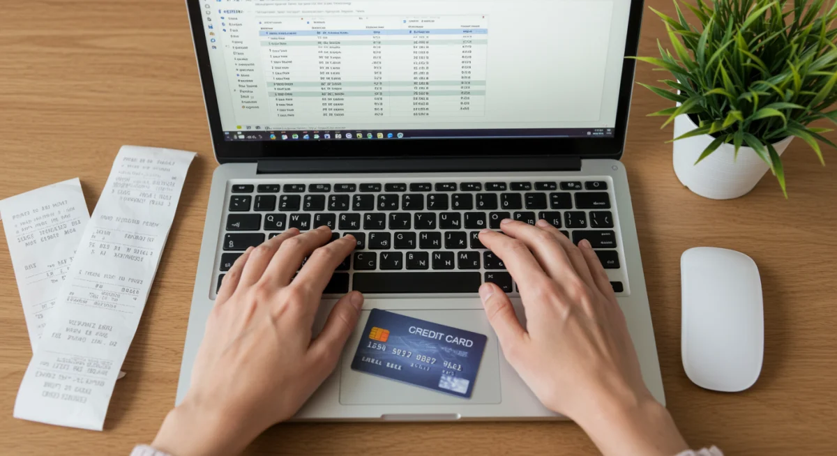 Pessoa organizando finanças em um laptop com um cartão pré-pago ao lado, simbolizando a gestão e o planejamento de gastos.