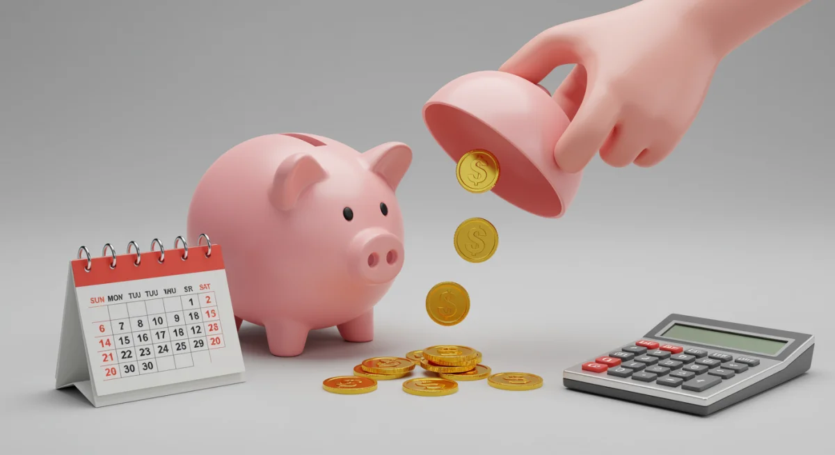 Cofre sendo aberto com moedas caindo, calendário e calculadora, simbolizando o planejamento do Saque-Aniversário.