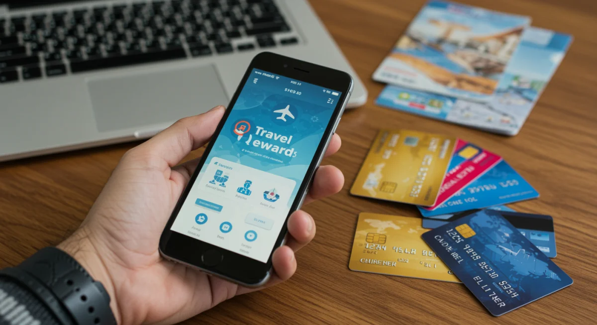 Pessoa usando aplicativo de recompensas de viagem no smartphone, com cartões de crédito dispostos ao lado, planejando uma jornada.