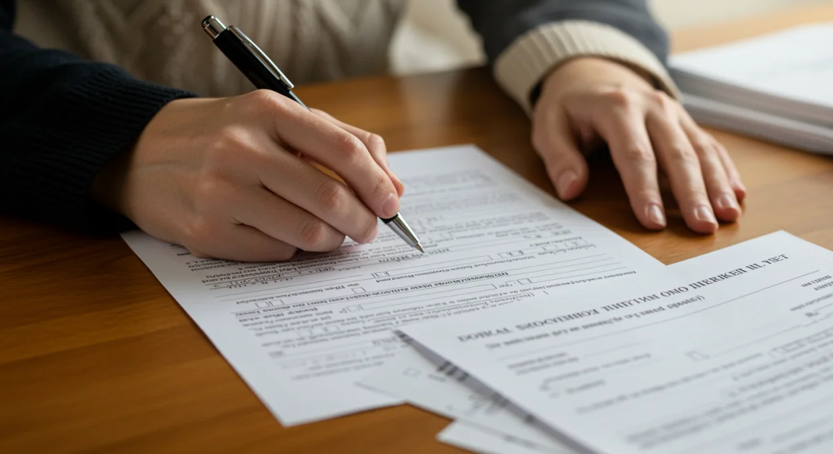 Mão preenchendo formulário governamental, simbolizando a etapa de documentação para o BPC/LOAS.
