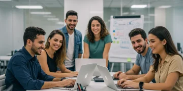 Jovens profissionais brasileiros colaborando em escritório moderno, simbolizando o futuro do trabalho e as profissões promissoras de 2025.