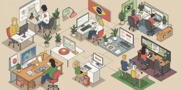 Profissionais de diversas áreas trabalhando remotamente em 2025, ilustrando a flexibilidade e as oportunidades do home office no Brasil.