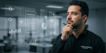 Profissional brasileiro analisando documentos digitais sobre a reforma trabalhista de 2025, com gráficos e textos legais ao fundo.