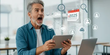 Pessoa focada em recolocação profissional em 2025, utilizando tecnologia para buscar novas oportunidades no mercado de trabalho brasileiro.