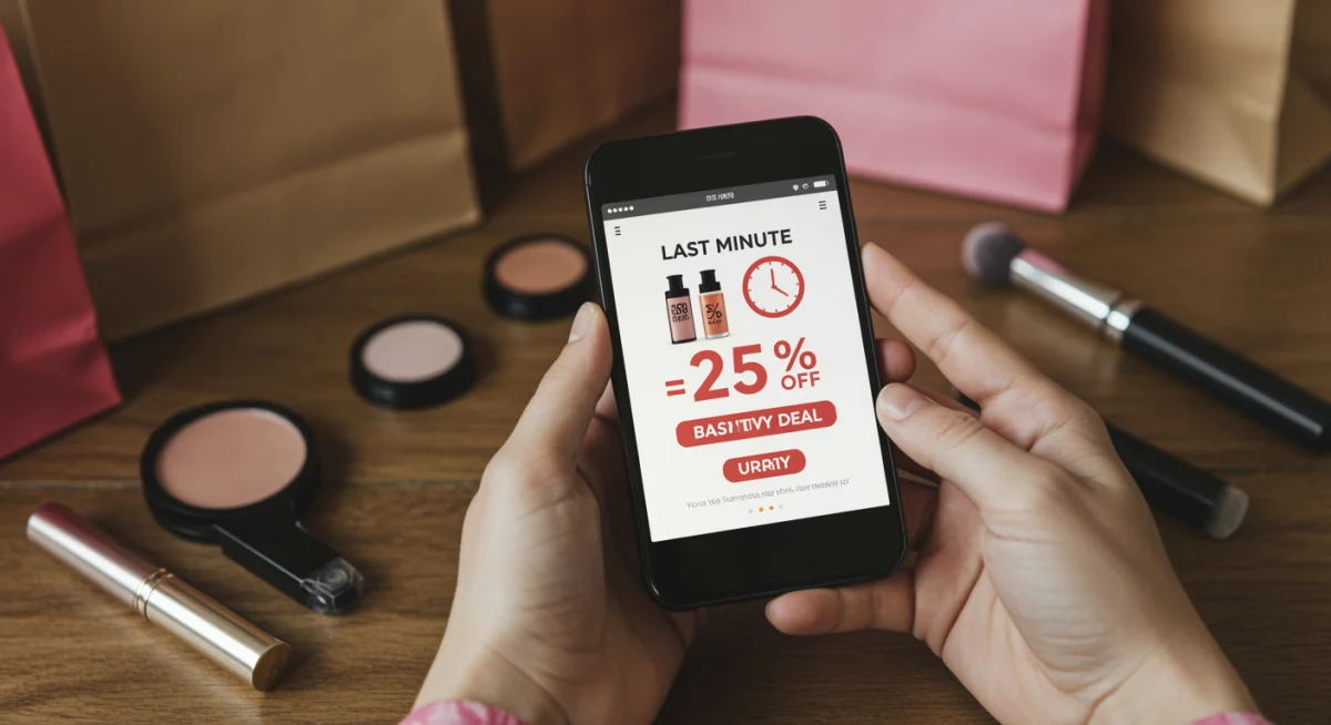 Pessoa usando smartphone para resgatar cupom de 25% OFF em produtos de beleza online.