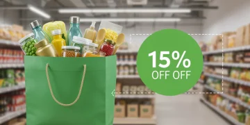 Sacola de compras verde com produtos sustentáveis e cupom de 15% de desconto digital