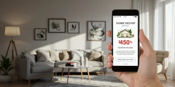 Sala de estar moderna com elementos decorativos e uma mão segurando um smartphone com um cupom de desconto para loja de decoração.