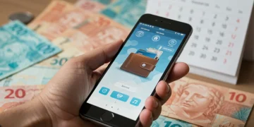 Pessoa acessando aplicativo de finanças no celular com notas de real e calendário de 2025 ao fundo, representando o Saque-Aniversário do FGTS.