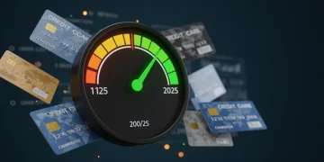Medidor de score de crédito com ponteiro no verde, cartões e ícones financeiros digitais, representando alta pontuação e aprovação em 2025.