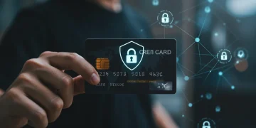 Mãos segurando um cartão de crédito com elementos de segurança digital ao fundo, simbolizando proteção contra fraudes em 2025.