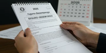 Pessoa preocupada segurando documento do Seguro-Desemprego 2025, com papéis e calendário ao fundo.