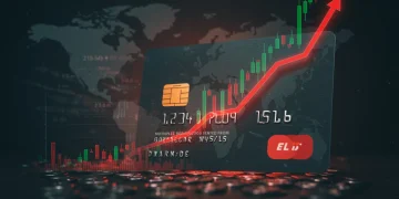 Gráfico de juros em ascensão sobre um cartão de crédito, simbolizando o impacto da Taxa Selic em 2025.