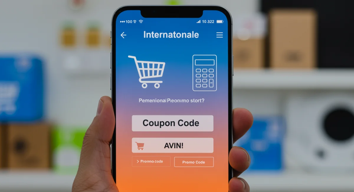 Tela de smartphone com carrinho de compras internacional e campo para cupom de desconto, representando a aplicação de códigos promocionais.