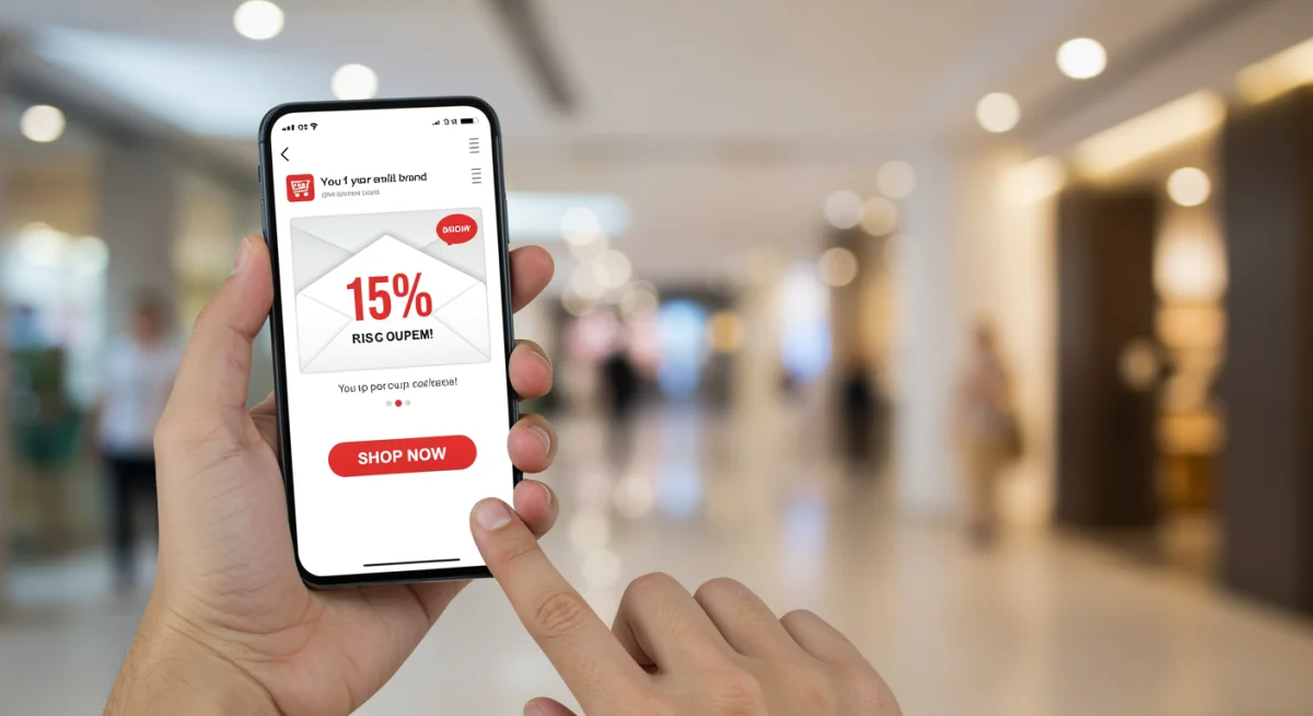 Tela de smartphone exibindo um e-mail com cupom de desconto de 15% de uma loja, com a mão clicando em 'Comprar Agora'.