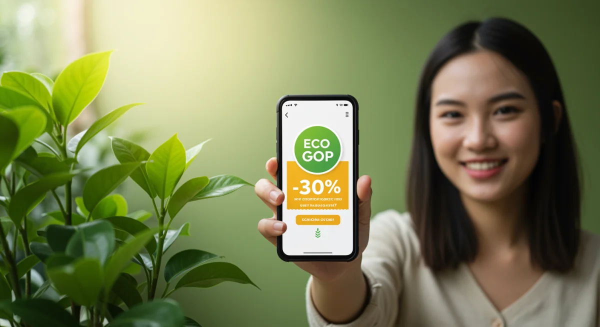 Pessoa segurando smartphone com cupom de desconto para produtos ecológicos