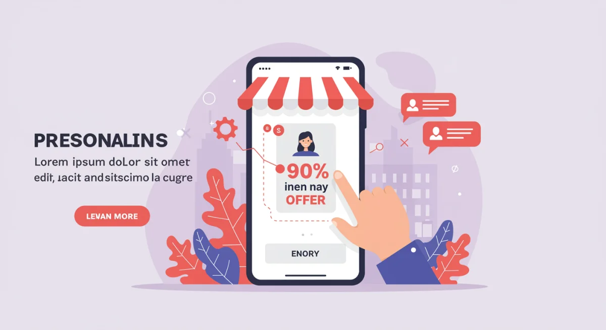 Tela de smartphone com cupom personalizado e pessoa feliz, simbolizando a facilidade da economia digital.