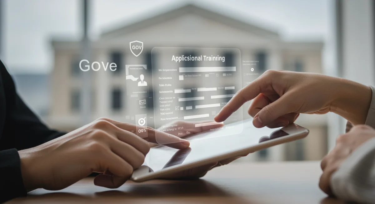 Pessoa preenchendo formulário online para solicitação de auxílio de qualificação profissional.