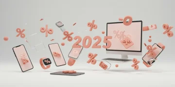 Dispositivos tecnológicos com cupons de desconto flutuando, simbolizando economia em compras de tecnologia em 2025.