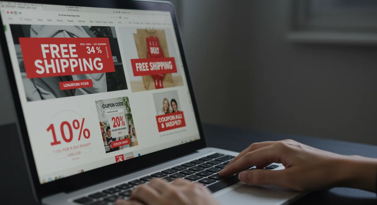 Tela de computador com sites de e-commerce e banners de frete grátis