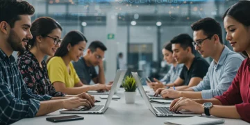 Profissionais brasileiros colaborando em um ambiente de trabalho moderno e tecnológico, representando as tendências de carreira de 2025.