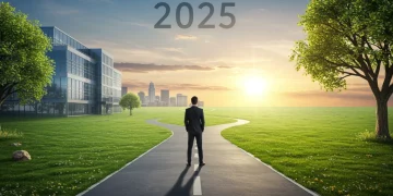 Pessoa em uma encruzilhada profissional, simbolizando a transição de carreira em 2025 e a busca por novas oportunidades.