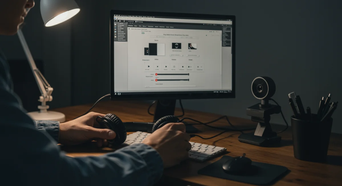 Pessoa verificando equipamento de áudio e vídeo antes de entrevista online.